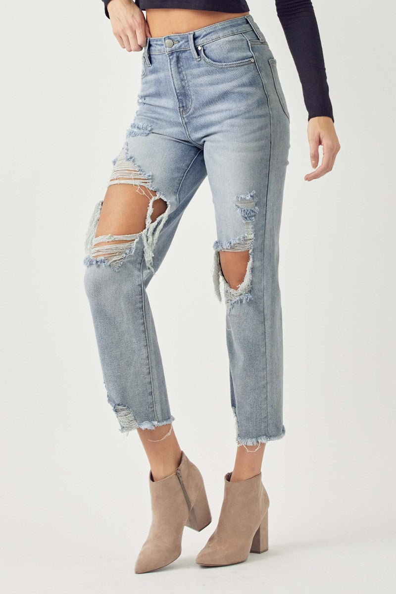 Risen Destructed High Rise Straight Jeans