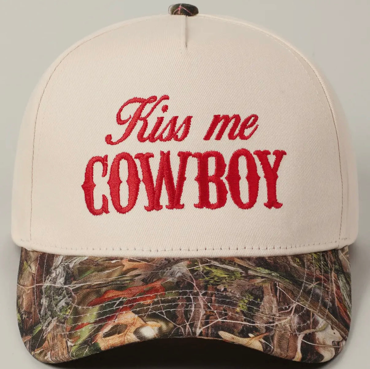Kiss Me Cowboy Trucker Hat- Camo & Red