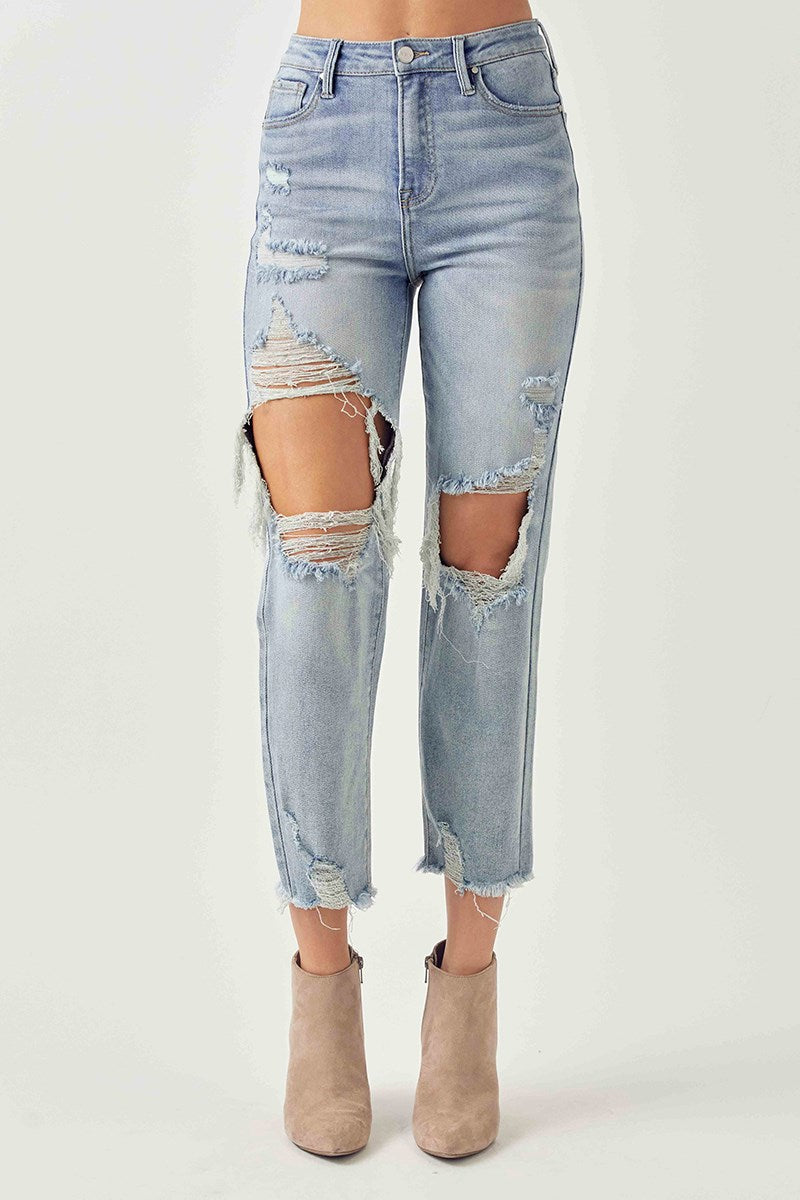 Risen Destructed High Rise Straight Jeans