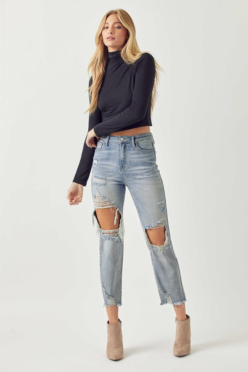 Risen Destructed High Rise Straight Jeans